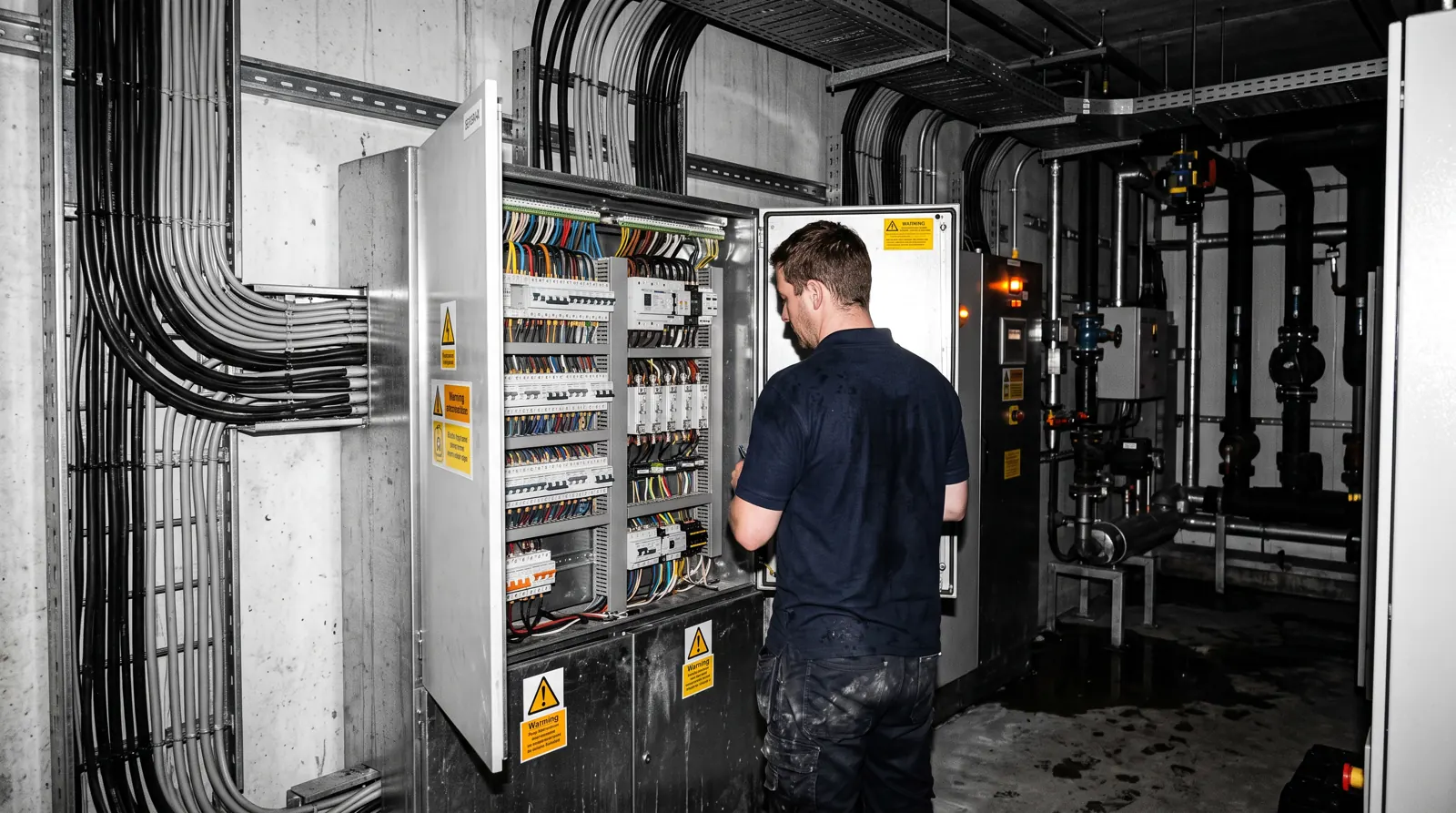 Three-phase distribution board in a commercial plant room