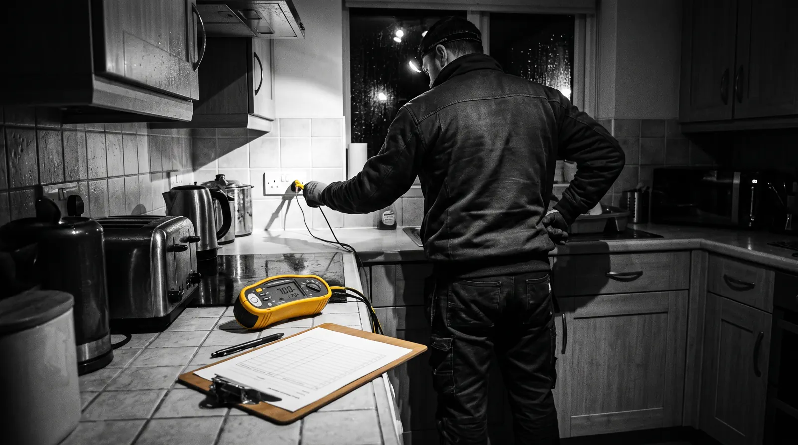 Electrician carrying out inspection and testing in a kitchen